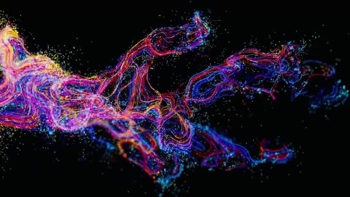 充满活力的彩色粒子和笔触在黑色空间形成三头龙，抽象的3d数字生成视频