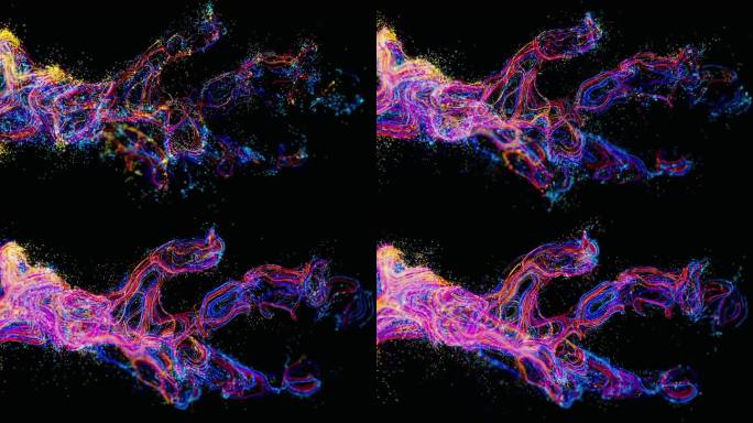 充满活力的彩色粒子和笔触在黑色空间形成三头龙，抽象的3d数字生成视频