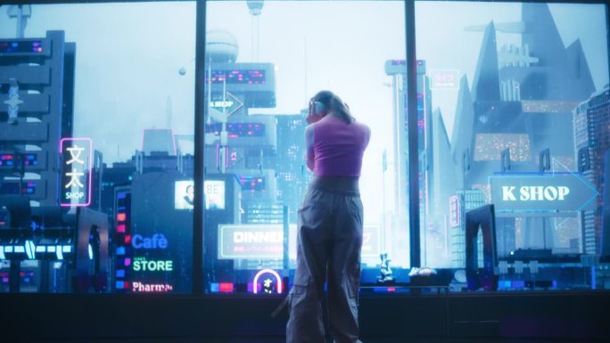 有创意的年轻女性在窗户旁跳舞，霓虹灯的科幻赛博朋克城市景观，丰富多彩的先进城市环境。舞者戴着耳机，听