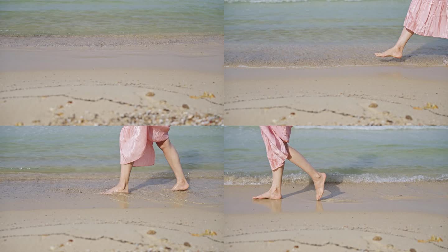 慢莫低段妇女走在海洋海滩与阳光的侧面视图