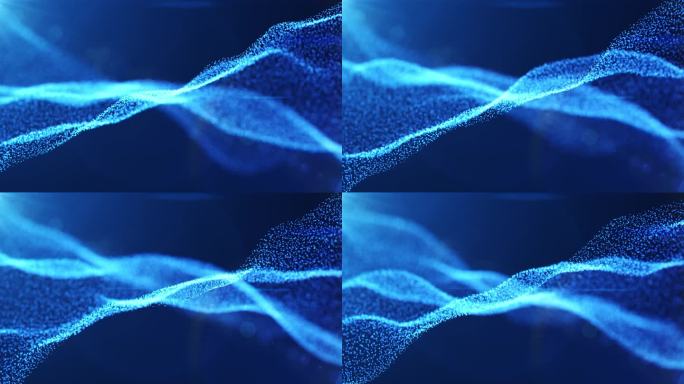 数字粒子波与光运动和模糊的背景，抽象的未来的波浪背景与移动的虚线点表面。无缝循环的动画。