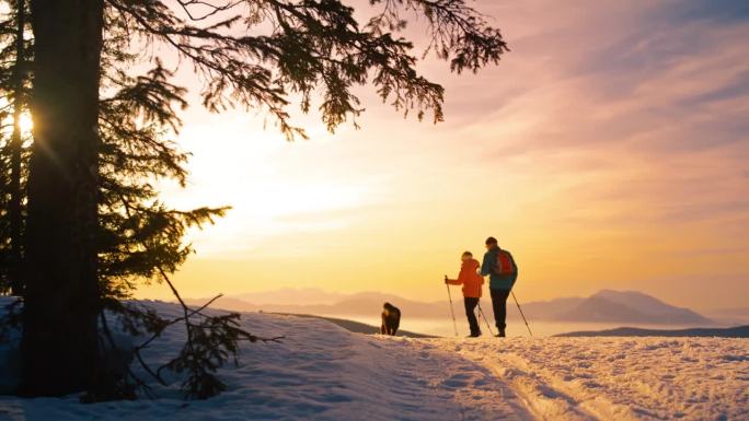 日落时分，一对老年夫妇在伯尔尼山狗的陪伴下，在雪山上徒步旅行
