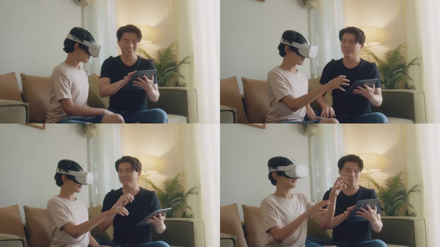 一个亚洲家庭，爸爸使用笔记本电脑，儿子戴着虚拟现实眼镜，头戴式耳机，坐在客厅开始玩电子游戏。