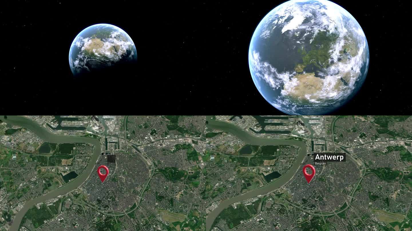 安特卫普城市地图从太空到地球缩放，比利时