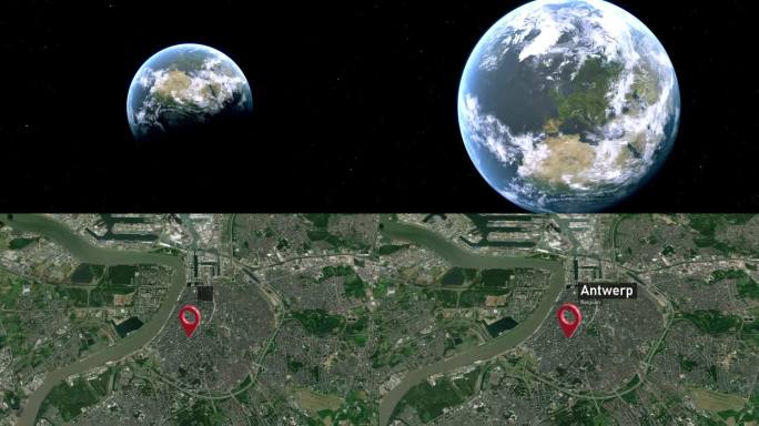 安特卫普城市地图从太空到地球缩放，比利时