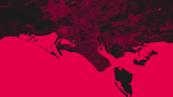 黑色粉红色的卡拉奇地图背景循环。巴基斯坦城市上空盘旋的画面。无缝全景旋转在市中心的背景。