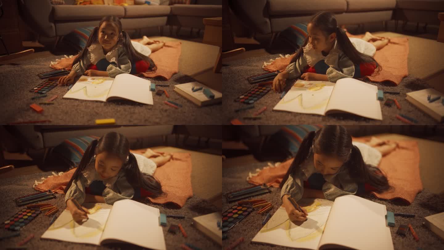 可爱小女孩躺在客厅地板上画的晚照。才华横溢的韩国孩子正在创造，上色，准备成为著名的艺术家。电影缩放多