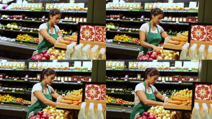 拉丁美洲的女售货员在超市检查洋葱的陈列