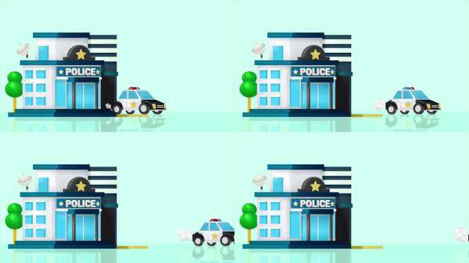 警察局和汽车，警察局大楼。3d动画警车离开办公室打开警笛在明亮的蓝色背景