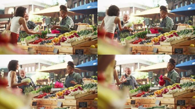 拉丁女顾客从一对多民族农民夫妇那里购买可持续有机西红柿和纳帕卷心菜。成功的街头小贩管理一个小型商业农
