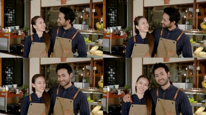 亚洲的丈夫和妻子是咖啡师，正站着拍摄宣传他们咖啡馆的视频，两人面对面，男人热情地抚摸着漂亮女友的头，