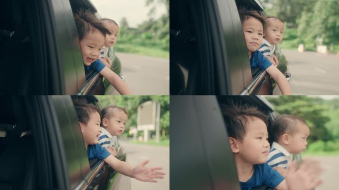 阳光汽车之旅的喜悦:亚洲兄弟姐妹的纽带和笑声在公路旅行假期。