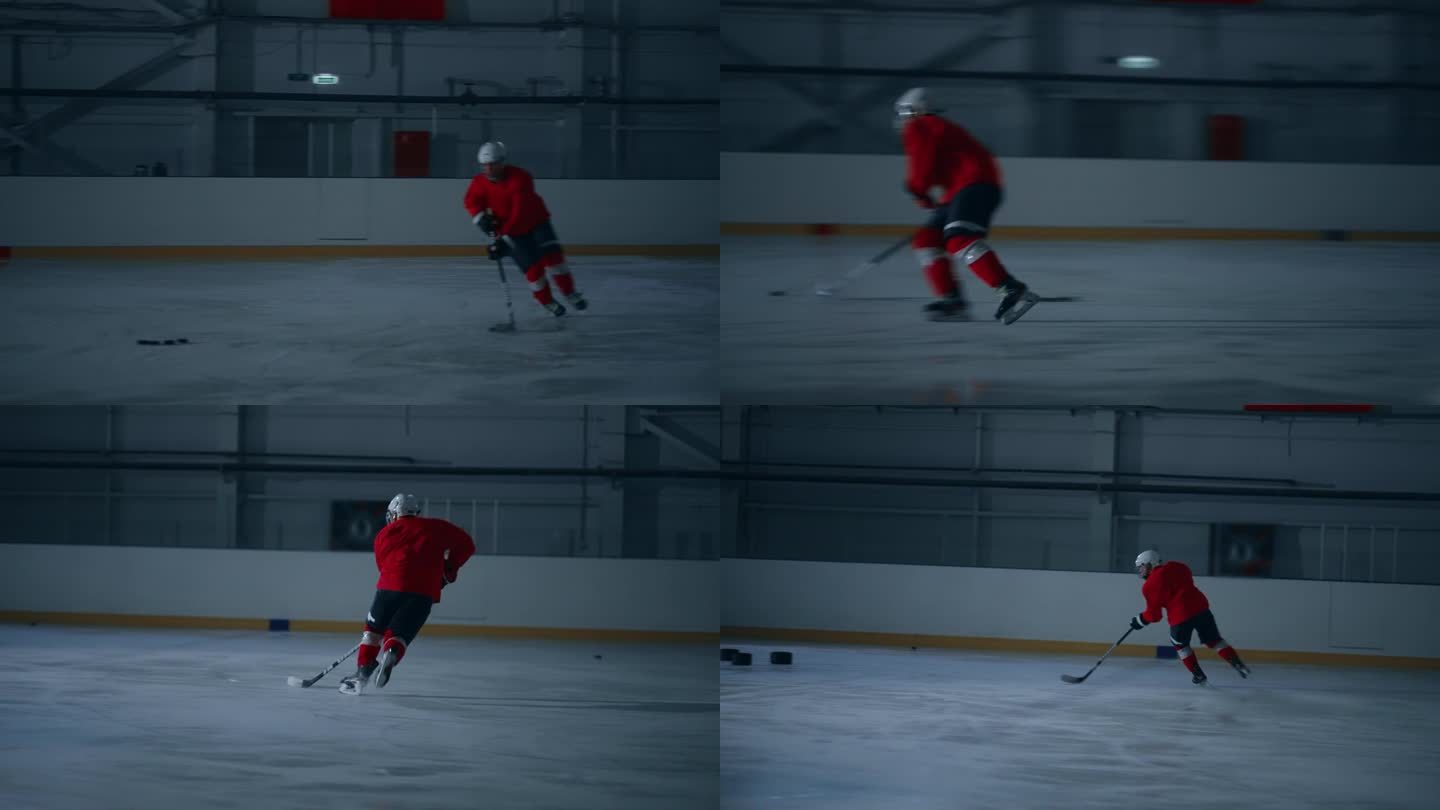 快速和动态的镜头，一个熟练的曲棍球运动员在红色球衣训练艰苦的冰上竞技场
