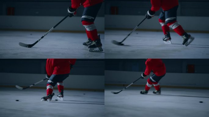 专业运动员的冰球训练，冰上冰鞋的特写镜头和手里的冰棍