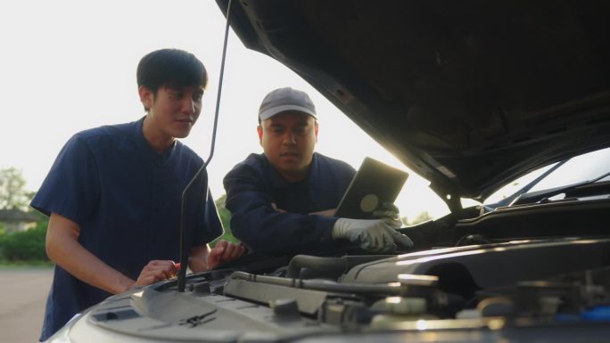 英俊的亚洲机械师向路边的亚洲客户展示平板电脑上的汽车报告，机械师和客户正在讨论他的汽车维修问题。4 
