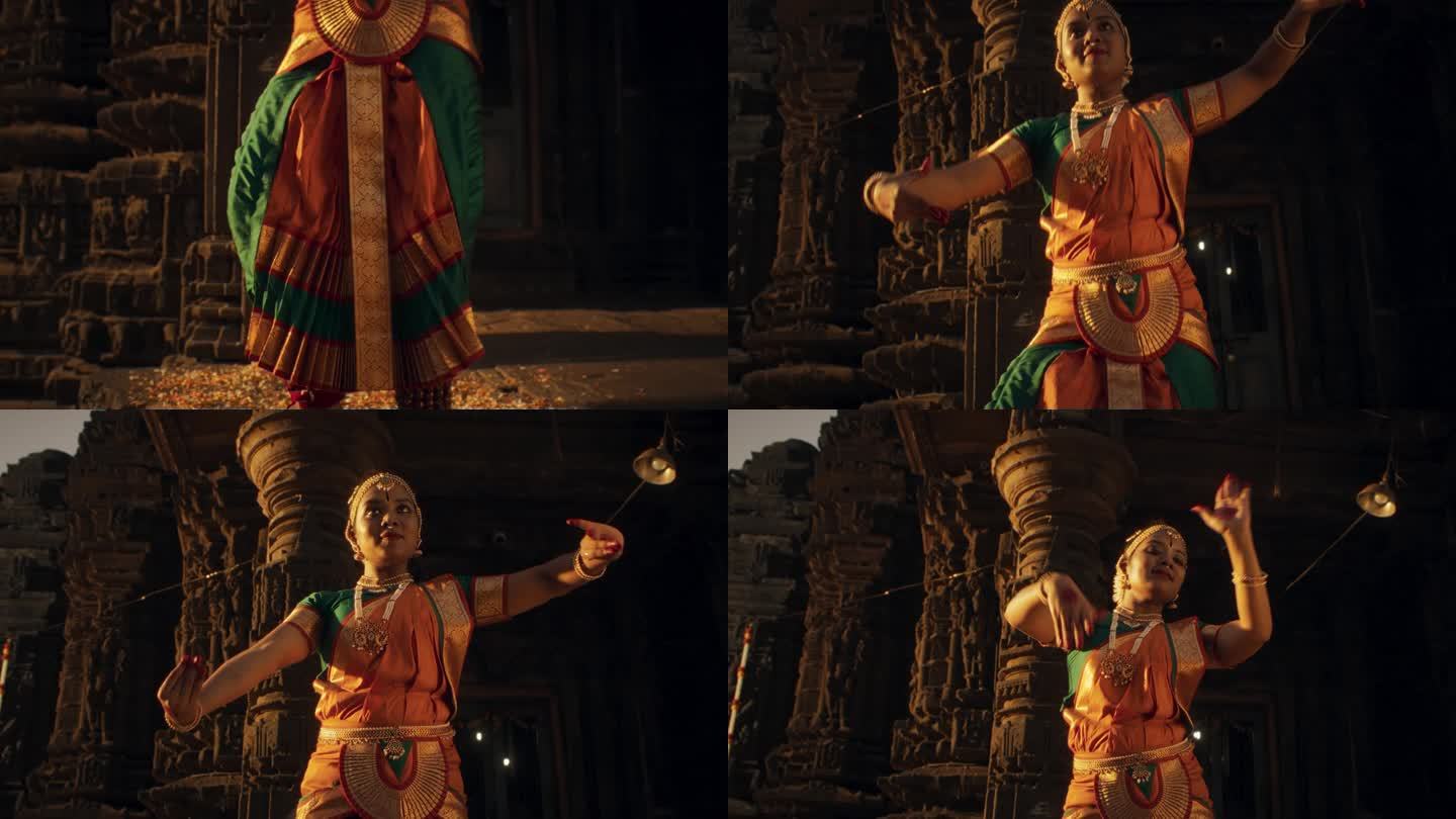 活泼的印度妇女穿着传统服装，表情丰富，动作迅速，跳着Bharatanatyam。在古老的石庙欣赏南亚