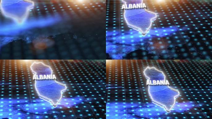 数字地图，国家位置和全息图阿尔巴尼亚蓝色光hud, gps pin和3d渲染。雷达、虚拟现实或坐标模