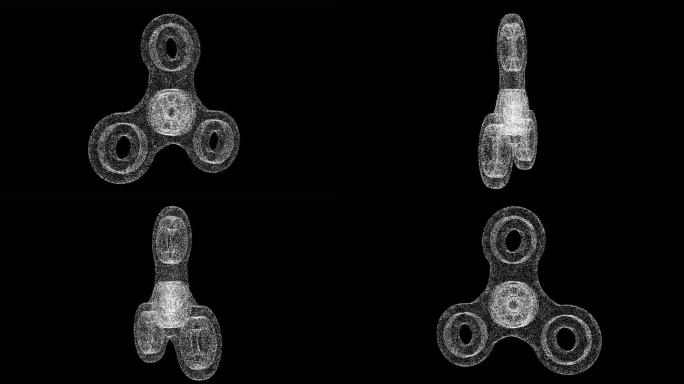 3D旋转器在黑色背景上旋转。由闪闪发光的微粒构成的物体。游戏放松概念。用于标题，文本，演示。3d动画