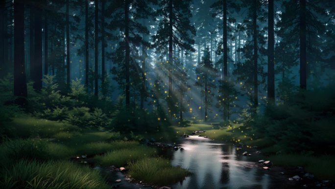 雾蒙蒙的夜晚，森林河上的魔幻灯光