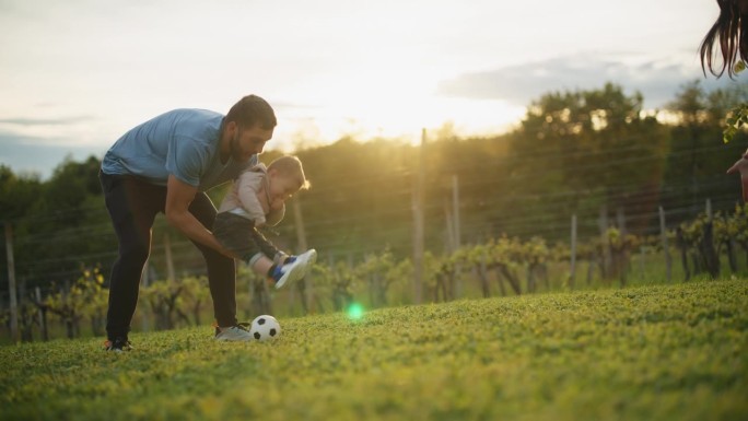 慢镜头:父亲和小男孩在绿地上踢足球。快乐的父亲和儿子玩得开心
