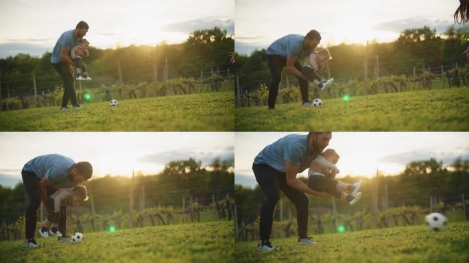 慢镜头:父亲和小男孩在绿地上踢足球。快乐的父亲和儿子玩得开心