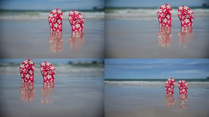 红色凉鞋橡胶鞋在沙滩上度假的时候旅行。热带夏日沙滩，阳光明媚的日子里有海浪。拖鞋鞋户外与白色波浪蓝色