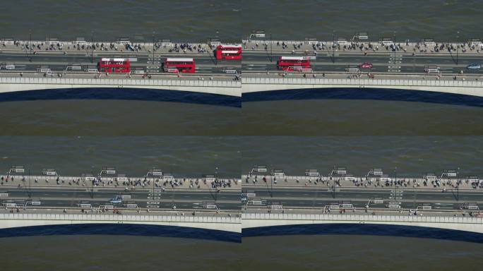 伦敦桥上通勤者和交通的鸟瞰图。面部识别界面显示每个人的个人数据。监测的概念。人工智能。深度学习。英格