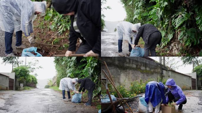 朋友们在下雨天在户外园艺和打扫卫生