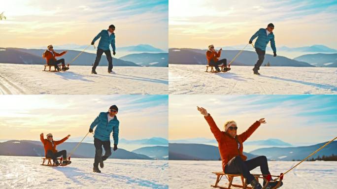 男人拉着雪橇爬上雪坡，他的妻子坐在雪橇上，享受着这段旅程