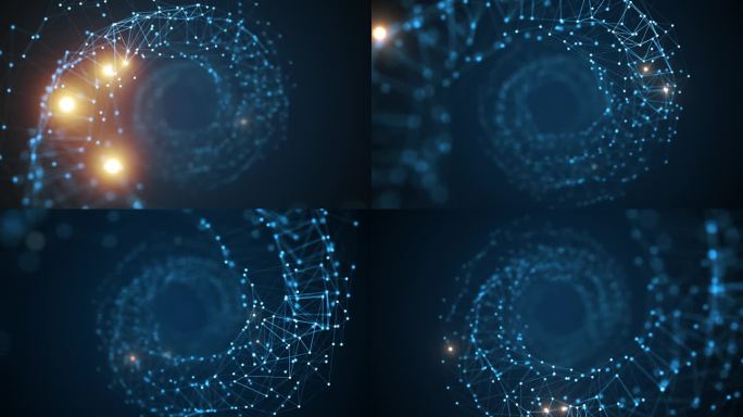 美丽的无尽螺旋计算机网络移动通过。蓝色螺旋成长网和闪烁灯无缝3d动画抽象技术背景。网格结构