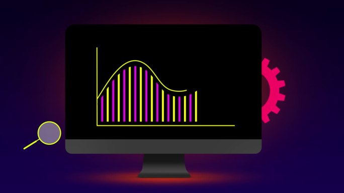 现代计算机屏幕上的数字图形动画。轮廓曲线图表和彩色条。网络统计和数据分析，业务增长和在线成功，营销和