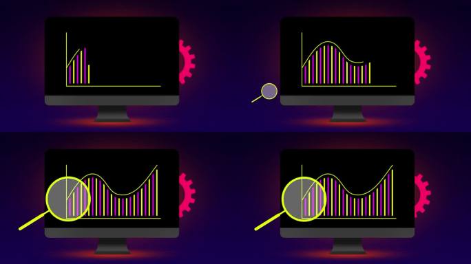 现代计算机屏幕上的数字图形动画。轮廓曲线图表和彩色条。网络统计和数据分析，业务增长和在线成功，营销和