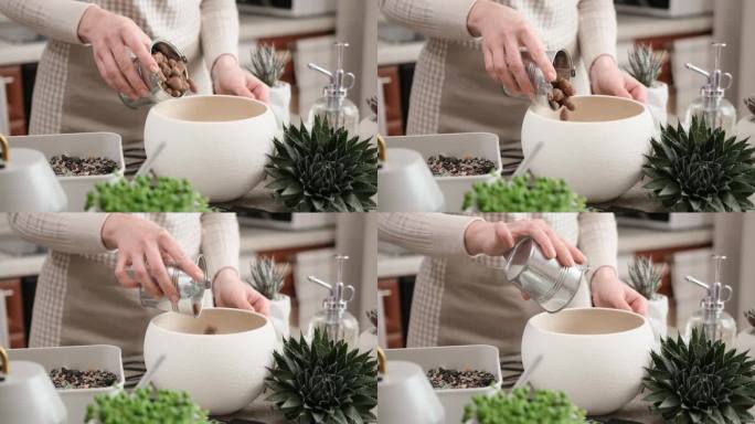 妇女在陶罐中添加膨胀粘土排水，用于芦荟室内植物移植