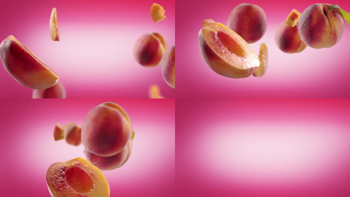 飞桃和桃子片在粉红色的背景