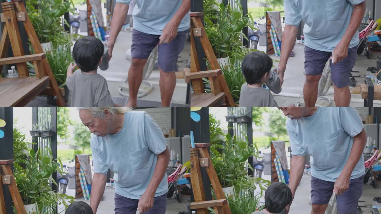 亚洲老人沏菊花水，和他的孙子开心地跳舞。
