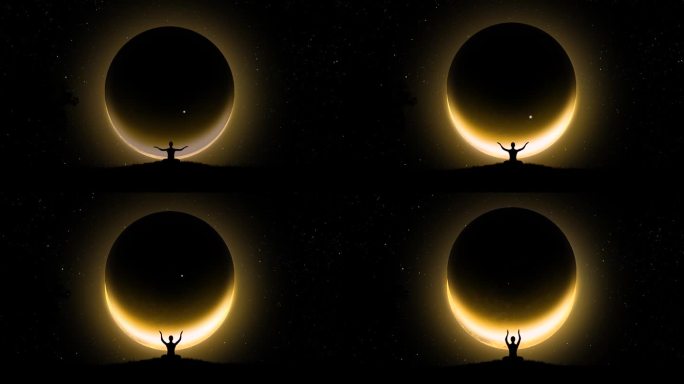 在大自然中，一名男子在晚上以莲花的姿势冥想，双臂交叉在头顶，背景是星空和黄色的月全食。视频动画4k 