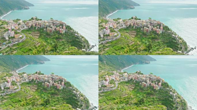 科尼格利亚彩色悬崖边小镇五渔村，意大利，欧洲的空中无人机