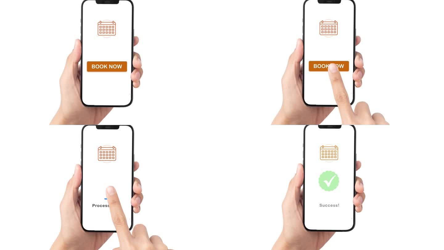 智能手机预订。男士用手点击白色背景的手机上的Book Now按钮。近距离手从手机发送钱。用“发送”按