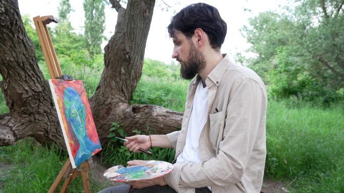 年轻的男艺术家在大自然中作画