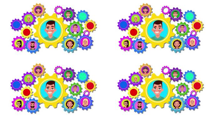 团队领导概念动画在白色背景。群组人物头像与齿轮图标连接。快乐成功的公司老板和员工。