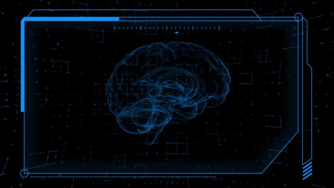 人体3d大脑x射线参数扫描监视器屏幕中间3d发光动画头骨头部旋转，DNA图标分析背景4k，保健心灵参