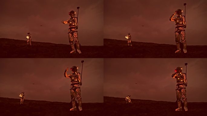 宇航员独自在红色星球火星上。和另一位宇航员自拍