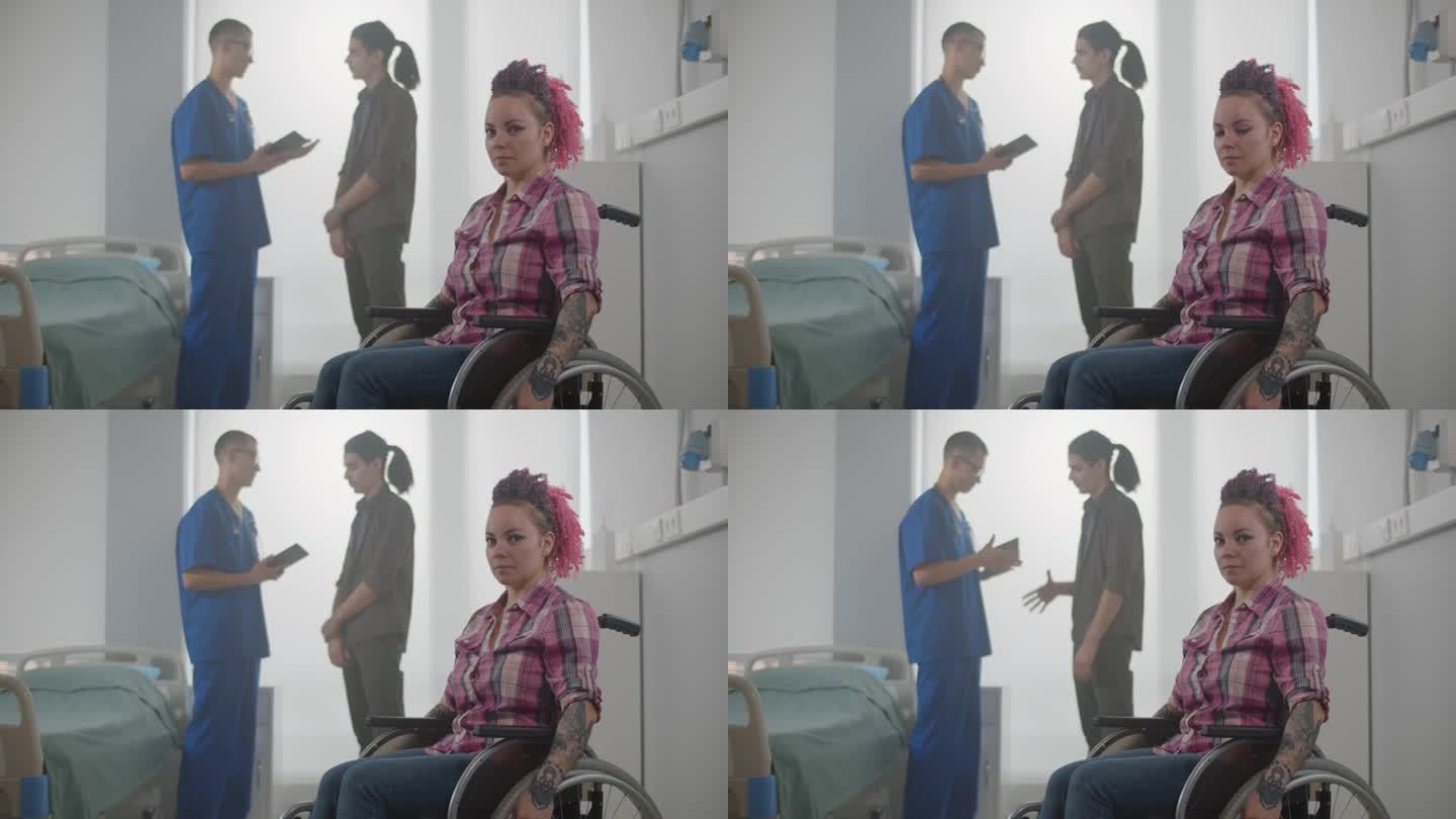 年轻的出院妇女坐着轮椅等待丈夫咨询医生