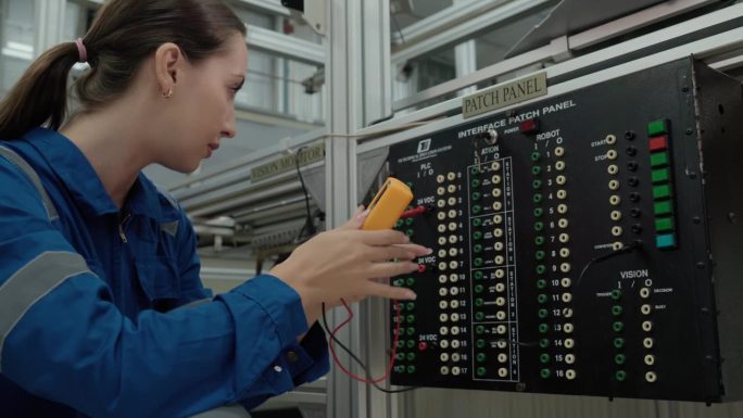 4K女工程师在现代化工厂检查机器运动，以控制自动化生产线的质量
