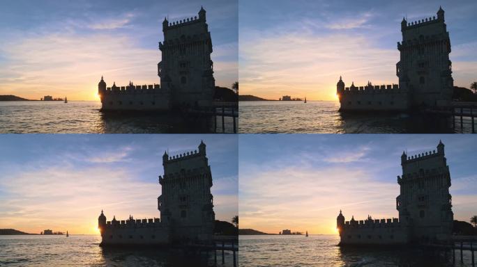 日落时分，塔霍河岸边的贝伦塔。葡萄牙里斯本