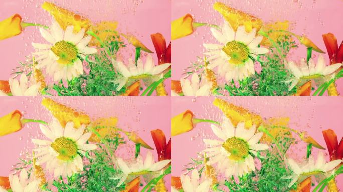 野外夏天的花在水下的气泡，洋甘菊，黄色的罂粟。粉红色的背景。