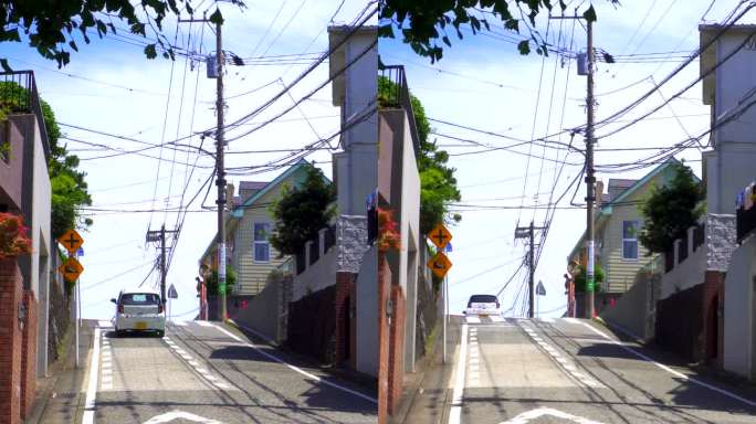 住宅区内的陡坡路(七谷坂)。横滨市，神奈川县