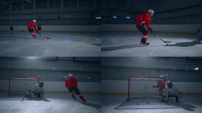 一名身穿红色球衣的冰球运动员在冰上训练的精彩镜头，展示了令人印象深刻的速度和准确性