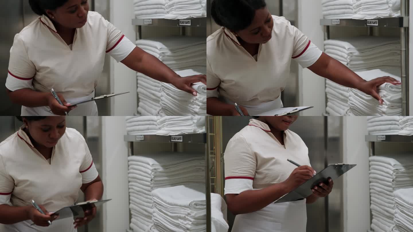 非裔美国女佣在记录干净的旅馆床单号码