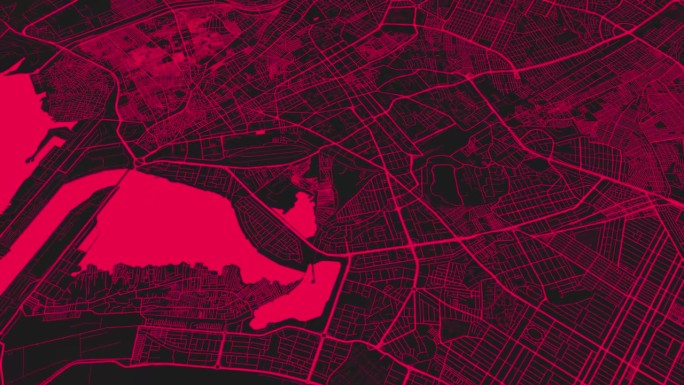 黑色粉红色的卡拉奇地图背景循环。巴基斯坦城市上空盘旋的画面。无缝全景旋转在市中心的背景。